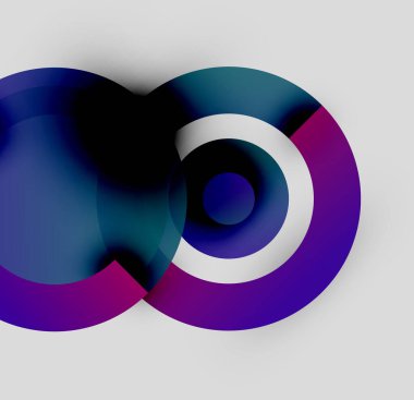 Soyut tasarım özellikleri üst üste binen daireler, gradyanlar. Mor, mavi renkler kompozisyona hakim. Minimalist, modern estetik.