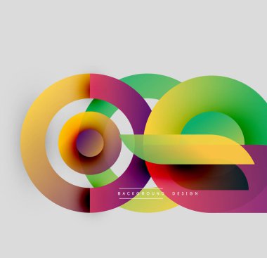 Soyut renkli şekiller örtüşür, dinamik bileşim yaratır. Hareketli gradyanlar hareketi, modern tasarım estetiğini gösteriyor.