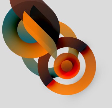 Üst üste binen daireler, gradyanlar içeren soyut kompozisyon. Sıcak turuncu, kahverengi, deniz mavisi renkleri nötr arka plana hakim. Modern tasarım ögesi.