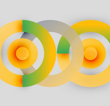Soyut çemberler çakışıyor, gradyanlar yaratıyor. Sarı, yeşil, gri renkler kompozisyona hakim. Minimalist tasarım, modern estetik.