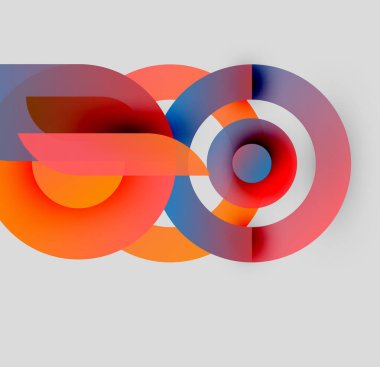 Soyut renkli şekiller örtüşür, dinamik görsel kompozisyon yaratır. Çemberler, kıvrımlar, gradyanlar dizaynın hakimi. Modern estetik.