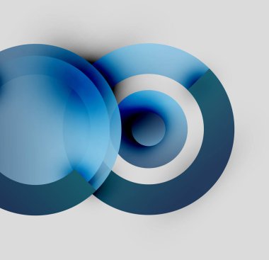 Soyut tasarım özellikleri üst üste binen mavi daireler, illüzyon derinliği yaratıyor. Minimalist tarz, modern estetik, yumuşak eğilim sunar.