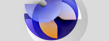 Soyut şekiller üst üste binerek sıvı formları oluşturur. Mavi, mor, turuncu renkler kompozisyona hakim. Minimalist tasarım, yumuşak gradyanlar mevcut.