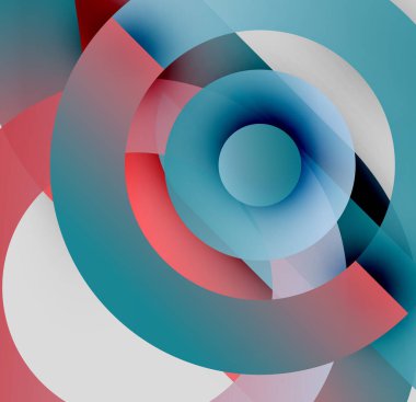Soyut kompozisyon. Eşmerkezli daireler çakışıyor, dinamik görsel efekt yaratıyor. Renkler harmanlanır, maviler, beyazlar. Modern tasarım.