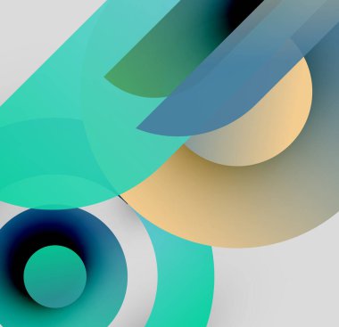 Soyut kompozisyon. Üst üste binen şekiller katmanlı etki yaratır. Teal, altın ve donanma renkleri tasarımda baskın. Minimalist estetik.