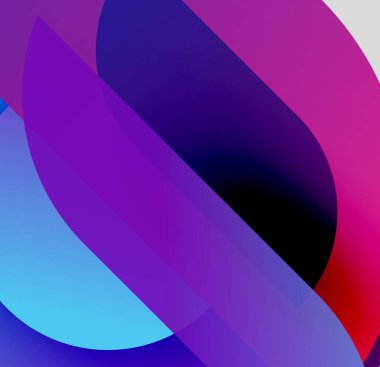 Soyut gradyanlar harmanlanarak akışkan şekiller yaratır. Canlı mor, mavi, pembe, siyah baskın kompozisyon. Modern tasarım, pürüzsüz geçiş.