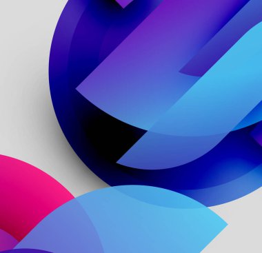 Soyut şekiller örtüşüyor, canlı renk değişimleri yaratıyor. Maviler, pembeler kompozisyona hakim. Minimalist tasarım, modern estetik.