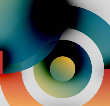 Soyut kompozisyon. Üst üste binen daireler, gradyanlar, canlı renkler dinamik görsel deneyimler yaratır. Modern tasarım, pürüzsüz geçiş.