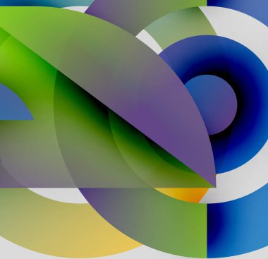 Üst üste binen renkli daireler, gradyanlar ve eğriler içeren soyut bir kompozisyon. Modern dijital sanat, canlı renkler tasarıma hakim..