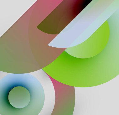 Üst üste binen yarı saydam daireler, dikdörtgenler içeren soyut bir kompozisyon. Yumuşak eğimler derinlik yaratır, görsel ilgi. Minimalist tasarım.