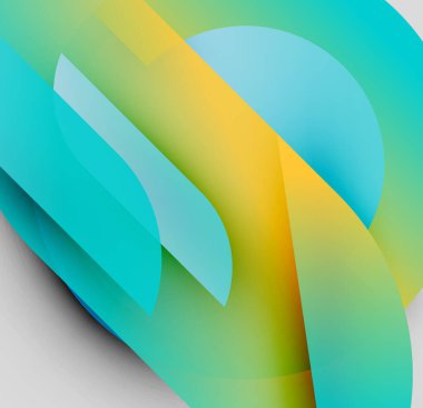 Soyut kompozisyon. Üst üste binen şekiller canlı turkuazları harmanlıyor, sarı, yeşil renkler. Pürüzsüz gradyanlar dinamik görsel akış yaratır. Modern tasarım.