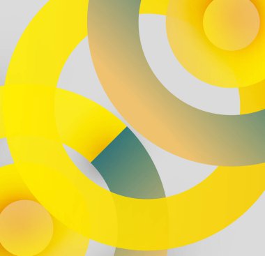 Üst üste binen daireler içeren soyut kompozisyon. Sarı, gri, bej renkler dinamik görsel efekt yaratır. Minimalist tasarım, modern estetik.