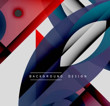 Soyut geometrik şekiller örtüşür, dinamik bileşim yaratır. Renkler arasında kırmızı, mavi, beyaz, gri, mor renkler vardır. Modern tasarım ögesi.