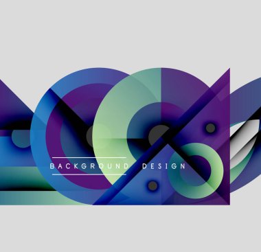 Soyut geometrik şekiller çakışıyor. Mavi, mor, yeşil renkler tasarımda baskın. Modern estetik, temiz çizgiler dinamik bileşim sunar.