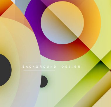 Soyut renkli şekiller çakışıyor. Çemberler, çizgiler dinamik görsel efekt yaratır. Modern tasarım elementleri pürüzsüz eğimler sunar.