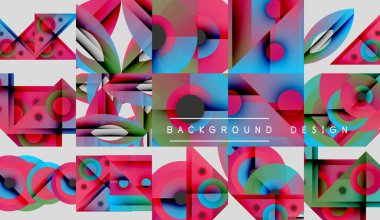 Soyut geometrik desenler, canlı renkler, üst üste binen şekiller. Modern tasarım elementleri dinamik görsel doku oluşturur.