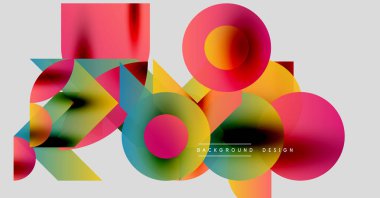 Soyut renkli şekiller çakışıyor. Geometrik tasarım canlı gradyanlar, daireler, üçgenler, dikdörtgenler içerir. Modern estetik.