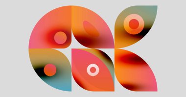 Soyut renkli şekiller örtüşür, dinamik bileşim yaratır. Gradyan renkler harmanlanarak modern görsel tasarım oluşturur..