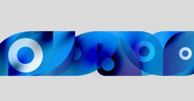 Soyut tasarım özellikleri üst üste binen mavi şekiller, daireler, gradyanlar. Modern estetik, temiz çizgiler, minimalist kompozisyon.