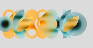 Soyut kompozisyon. Üst üste binen daireler, yumuşak eğimler, sessiz turuncu, deniz mavisi renkleri. Minimalist tasarım, modern estetik.