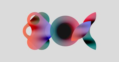 Soyut renkli şekiller örtüşür, dinamik görsel kompozisyon yaratır. Yumuşak eğimler karışır, sıvı formları oluşturur. Minimalist tasarım, hafif arkaplan.