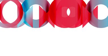 Soyut tasarım özellikleri üst üste binen kırmızı, beyaz, mavi daireler. Geometrik şekilli minimalist kompozisyon, temiz çizgiler, modern estetik.