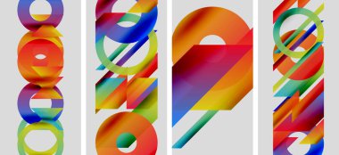 Soyut renkli paneller. Üst üste binen daireler, çizgiler dinamik görsel efekt yaratır. Modern sanat, canlı renkler, geometrik şekiller mevcut..