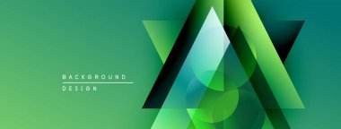 Soyut geometrik şekiller örtüşür, dinamik yeşil gradyan arkaplan oluşturur. Modern tasarım elementleri yenilik ve teknoloji öneriyor.