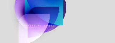 Soyut sıvı şekilleri örtüşür ve canlı renk değişimleri yaratır. Açık mor, mavi renkler nötr gri arkaplana hakim. Modern tasarım ögesi.