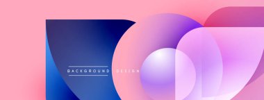 Soyut geometrik şekiller, canlı pembeler, maviler, morlar. Modern tasarım elementleri dinamik görsel doku oluşturur. Arkaplan metin içerir.