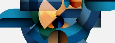 Soyut geometrik bileşim. Şekiller örtüşüyor, dinamik görsel ilgi yaratıyor. Maviler, portakallar, yeşiller palete hakim. Modern tasarım.