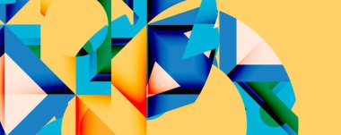 Soyut geometrik bileşim. Parlak renkler kesişiyor, dinamik görsel doku oluşturuyor. Şekiller örtüşüyor, karmaşık desenler oluşturuyor. Sarı arkaplan baskın.