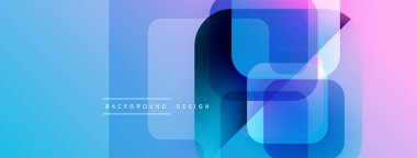 Soyut geometrik şekiller çakışıyor. Mavi, mor, pembe gradyanlar modern arkaplan tasarımı yaratır. Yumuşak geçişler, dinamik kompozisyon.