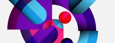 Üst üste binen geometrik şekilleri içeren soyut bileşim. Canlı mor, mavi, pembe renkler beyaz arkaplana hakim. Modern tasarım.