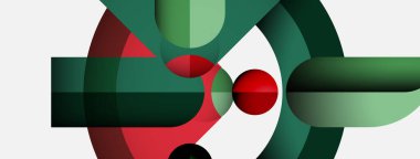 Soyut kompozisyon. Üst üste binen daireler, dikdörtgenler dinamik görsel efekt yaratır. Yeşil, kırmızı renkler beyaz arkaplana hakim. Modern tasarım.