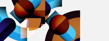 Soyut geometrik şekiller, küreler, eğriler, eğimler. Mavi, kahverengi tonlar kompozisyona hakim. Minimalist tasarım, modern estetik.