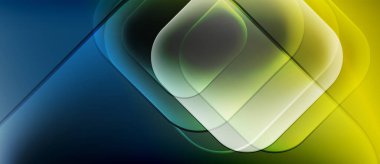 Katmanlı şekiller ve gradyanlardan oluşan soyut bileşim. Mavi, sarı renkler baskın, parlak bir etki yaratıyor. Modern tasarım.