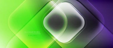 Soyut geometrik arkaplan. Renkler yeşilden mora karışır. Üst üste binen kareler katmanlı görsel efekt yaratır. Modern tasarım ögesi.