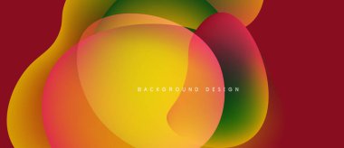 Soyut sıvı şekiller harmanlanarak canlı renk değişimleri yaratır. Kırmızı, sarı, yeşil renkler kompozisyona hakim. Modern tasarım ögesi.