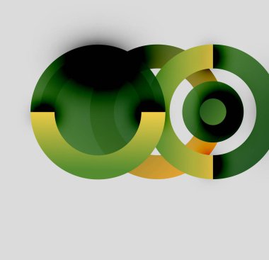 Üst üste binen daireler soyut kompozisyon oluşturur. Yeşil, sarı, beyaz renkler tasarımda baskın. Minimalist tarz, modern estetik.