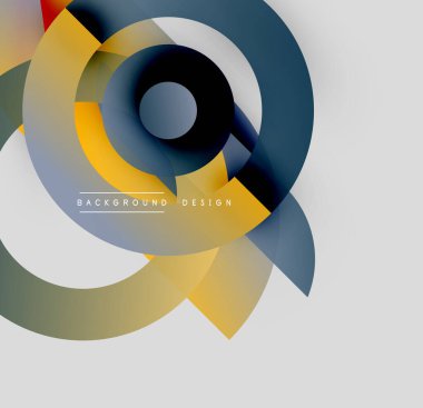 Soyut tasarım özellikleri üst üste binen dairesel şekiller. Renkler sarı, mavi, gri, siyah. Temiz çizgileri olan minimalist stil, modern estetik..