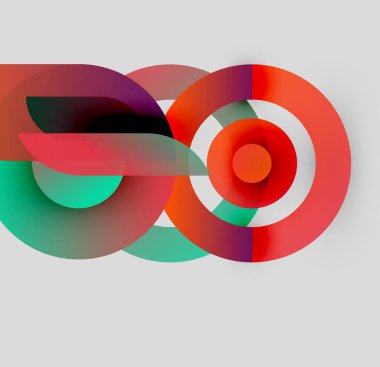Soyut renkli tasarım. Birbirine kenetlenmiş çemberler, döngüler dinamik görsel etki yaratır. Gradyan gölgeler kusursuz bir şekilde harmanlanır. Modern estetik.