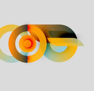 Soyut tasarım eşmerkezli daireler, üst üste binen şekiller içerir. Sıcak renkler, serin tonlarla harmanlanarak, dinamik görsel efekt yaratır. Minimalist stil.