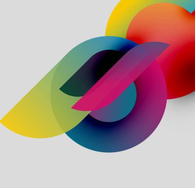 Soyut renkli şekiller örtüşür, dinamik görsel efekt yaratır. Gradyanlar renkleri harmanlayıp modern kompozisyon oluştururlar. Düz eğriler tasarıma hakim olur.