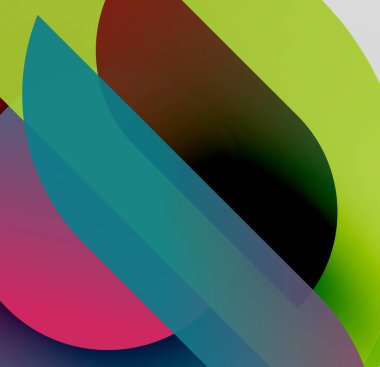 Soyut kompozisyon. Üst üste binen şekiller dinamik görsel efekt yaratır. Renkler harmanlanır, değişkenler oluşur, kıvrımlar dizayna hakim olur.