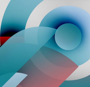 Soyut kompozisyon. Üst üste binen şeffaf daireler yumuşak eğimler yaratır, maviler, kırmızılar, beyazlar. Minimalist tasarım sakin, akıcı bir hareketi çağrıştırıyor.