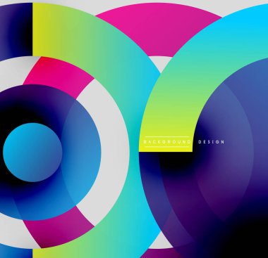 Soyut daireler örtüşüyor, canlı renk eğimleri yaratıyor. Modern tasarım cesur renkler, dinamik kompozisyon içerir. Arkaplan dijital sanatı öneriyor.