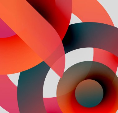 Soyut kompozisyon. Üst üste binen daireler dinamik görsel efekt yaratır. Sıcak, serin renkler harmanlanır, modern tasarım oluşturulur.