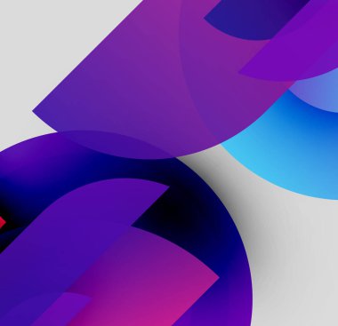 Soyut şekiller örtüşüyor, canlı gradyanlar yaratıyor. Mor, mavi renkler kompozisyona hakim. Minimalist tasarım, modern estetik.