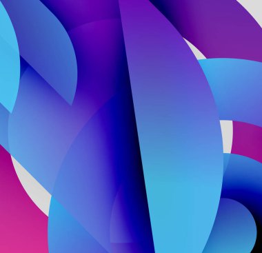 Soyut şekiller örtüşür, parlak mavi, mor ve pembe renkler yaratır. Pürüzsüz geçişler akışkan hareketi ve modern tasarımı akla getiriyor.